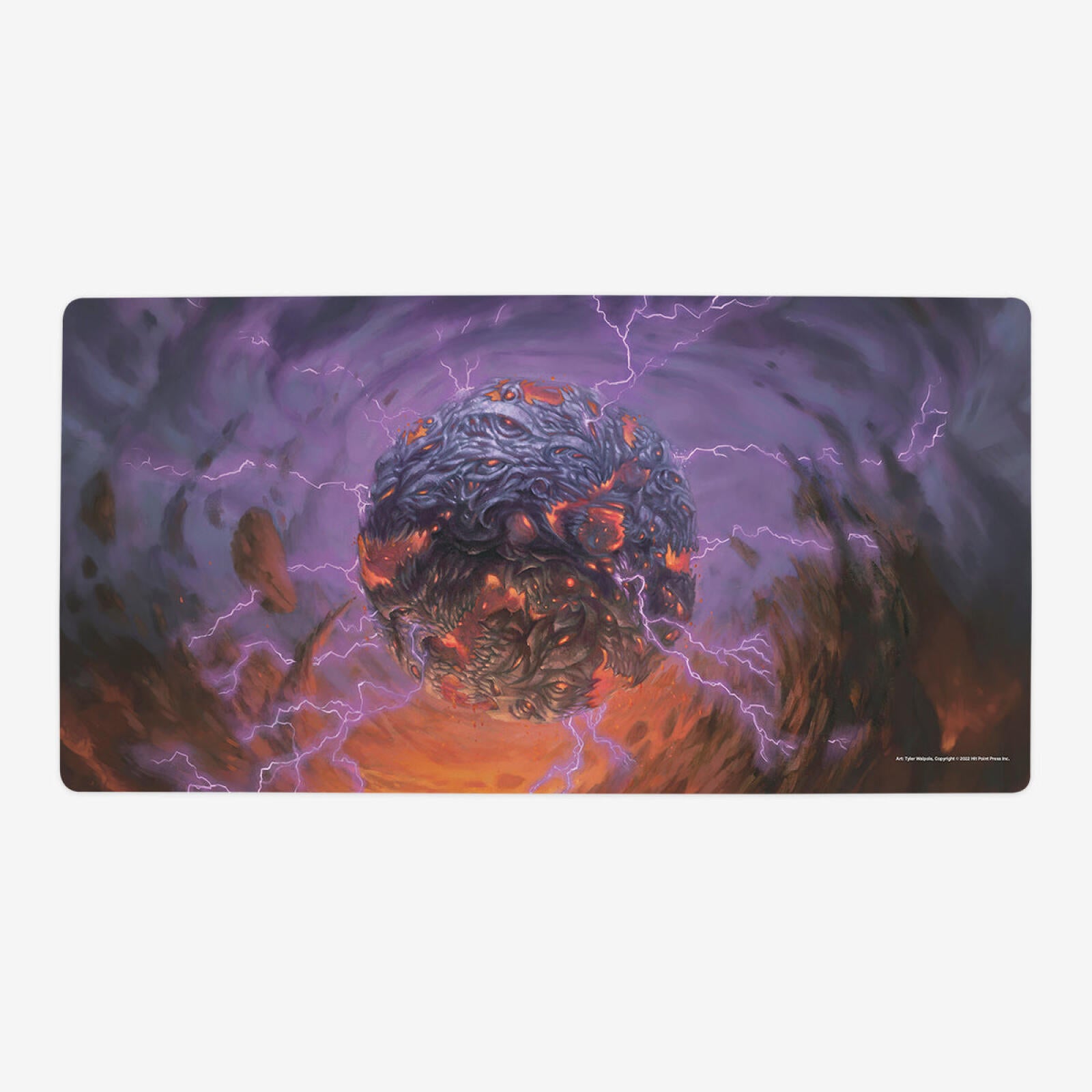 A dark, eye-covered sphere glows with orange cracks, crackling with purple lightning amidst swirling dark clouds