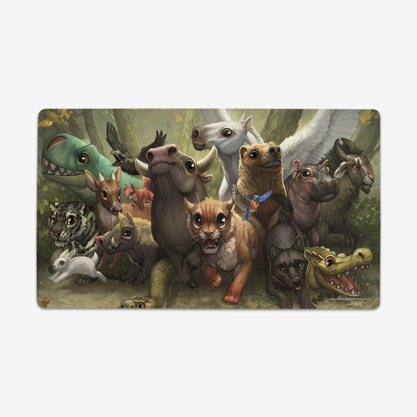 A diverse group of cute, cartoon wild animals and mythical creatures, like a dinosaur, pegasus, tiger, and hippo, pose in a forest