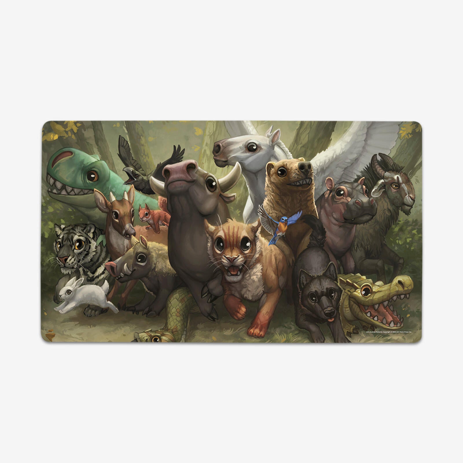 A diverse group of cute, cartoon wild animals and mythical creatures, like a dinosaur, pegasus, tiger, and hippo, pose in a forest