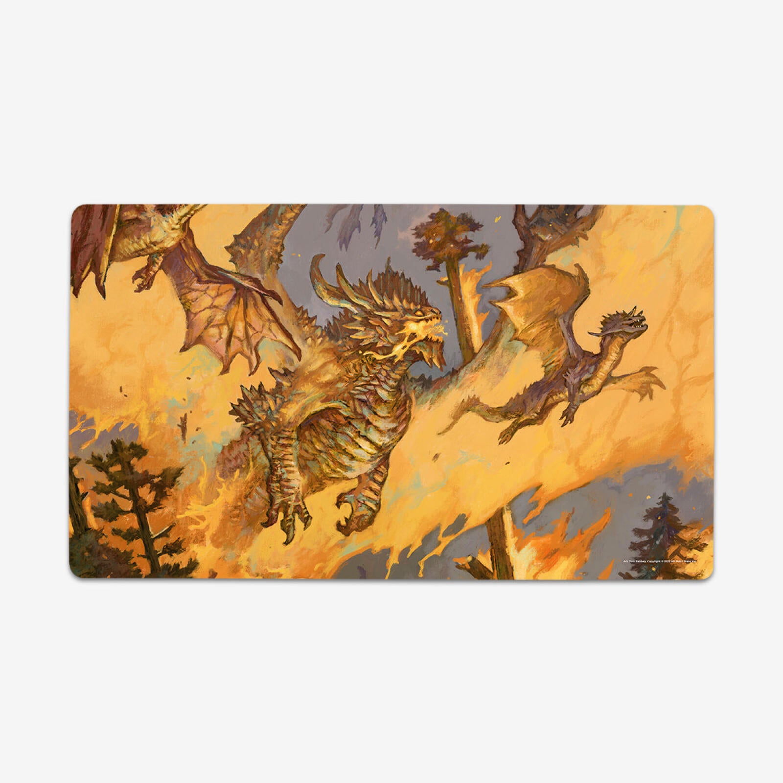 A large dragon breathes fire, flying through a burning forest with smaller dragons amidst orange flames