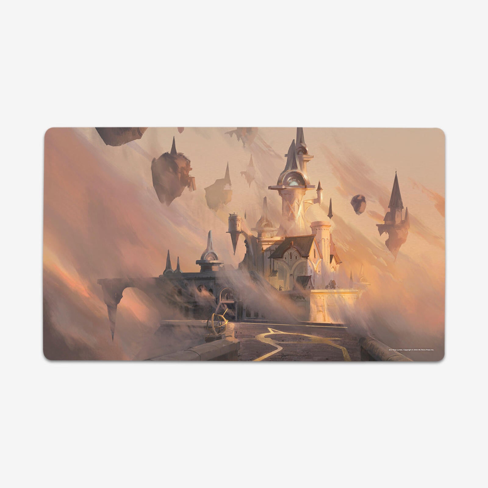 A majestic fantasy city with towering spires floats amongst clouds and smaller islands, bathed in warm, ethereal light