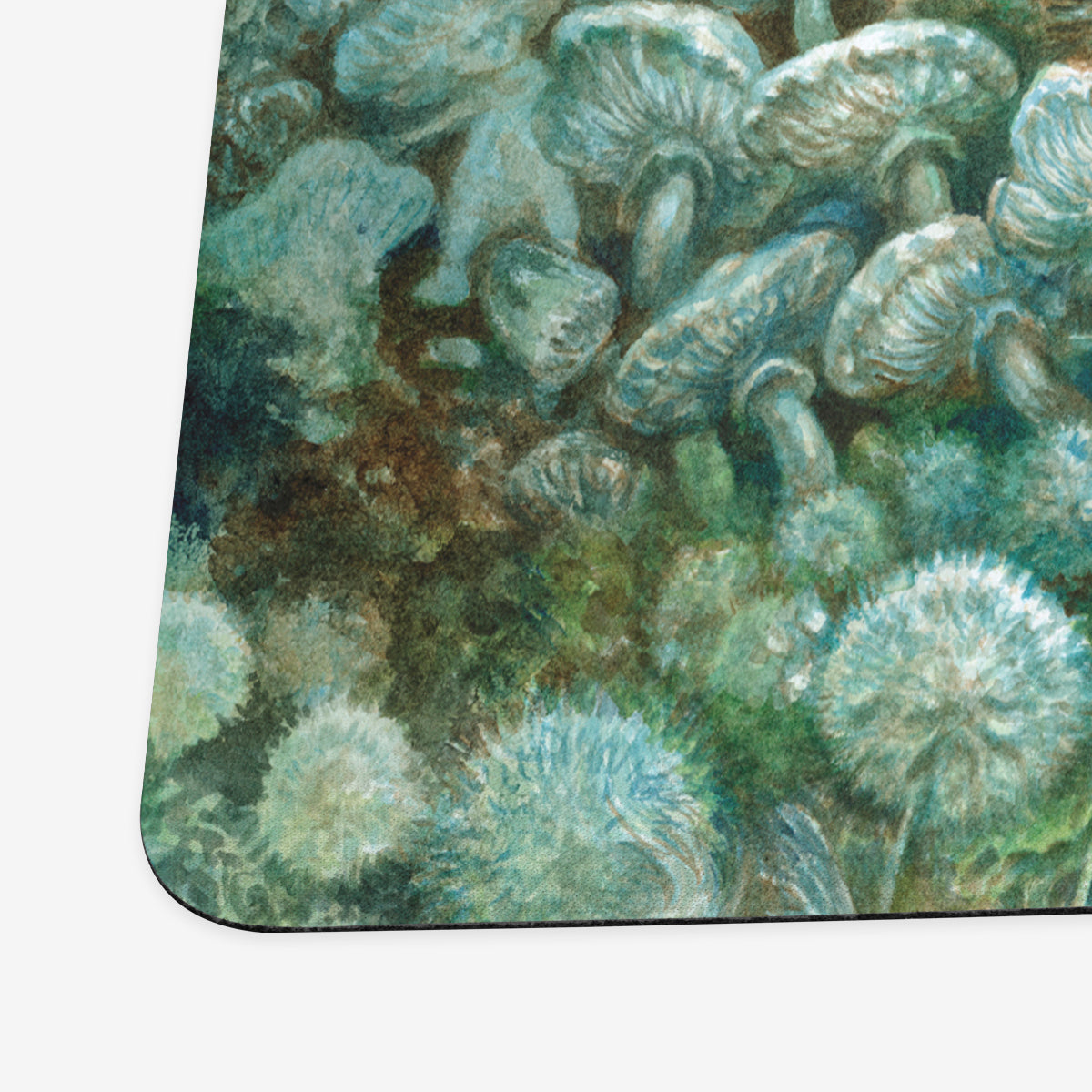Detailed view of the Gaea In Bloom playmat artwork showing clusters of bluish-green mushrooms and pale white dandelion seed heads
