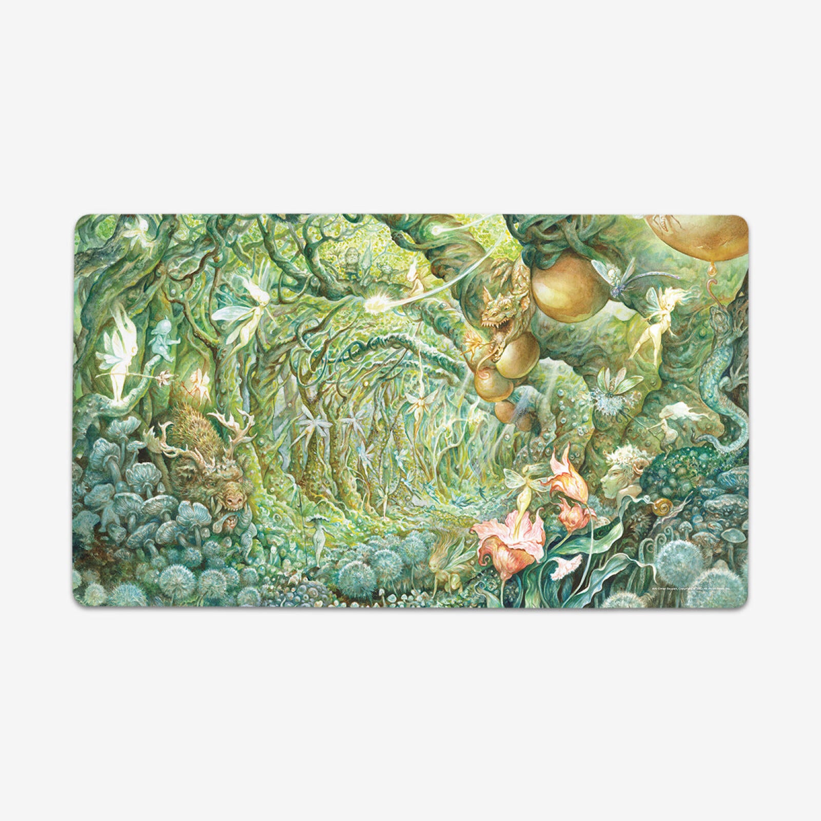 Vibrant fantasy forest art with glowing fairies, a horned creature, and a dragon amidst lush magical flora