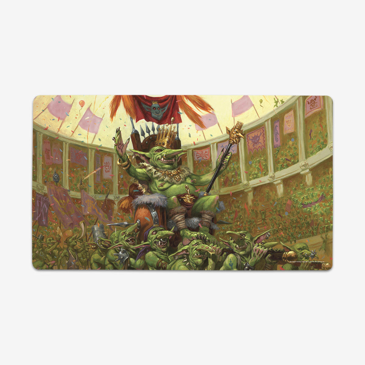 A crowned goblin king sits on a throne, raising his arms to a cheering crowd of smaller goblins in a confetti-filled arena