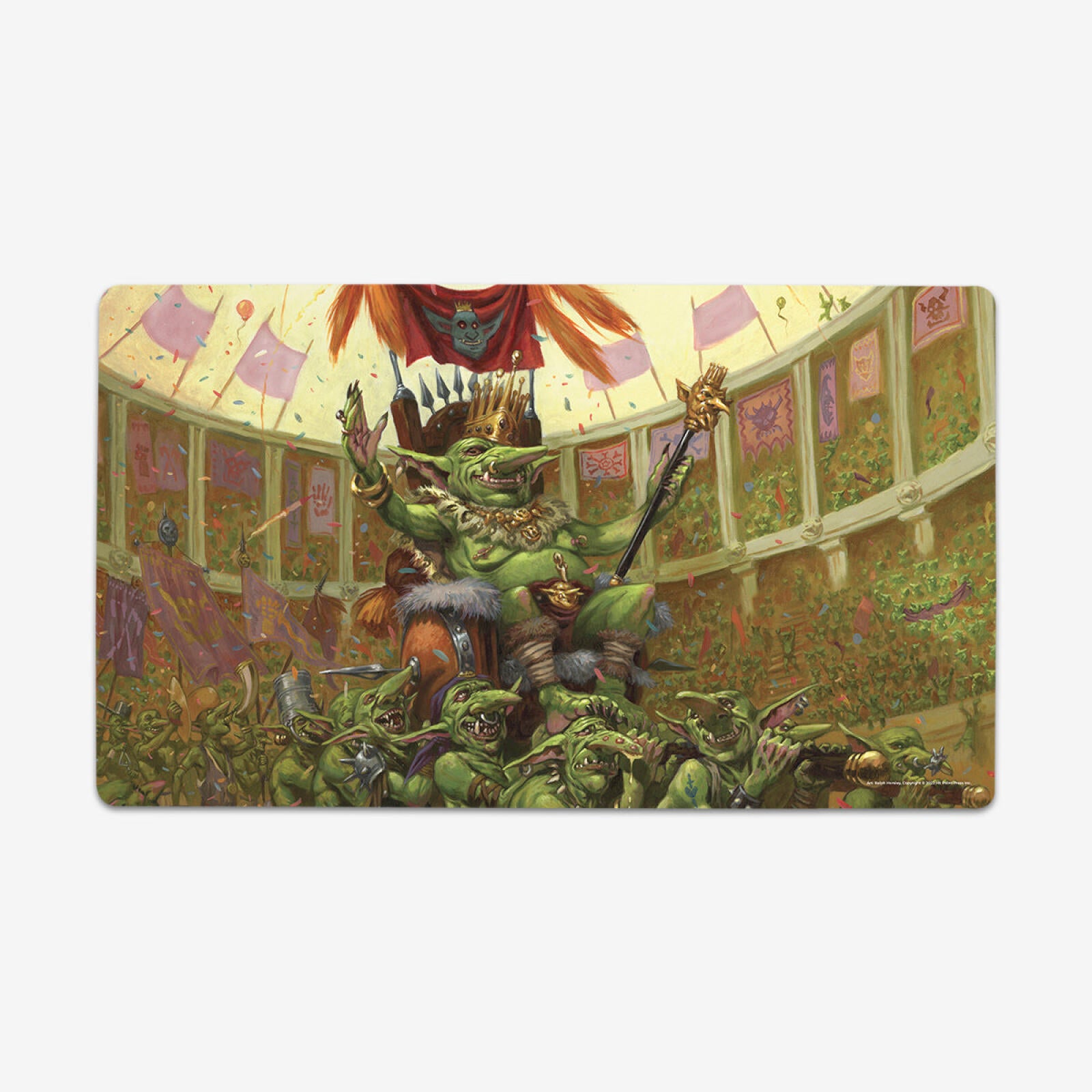 A crowned goblin king sits on a throne, raising his arms to a cheering crowd of smaller goblins in a confetti-filled arena