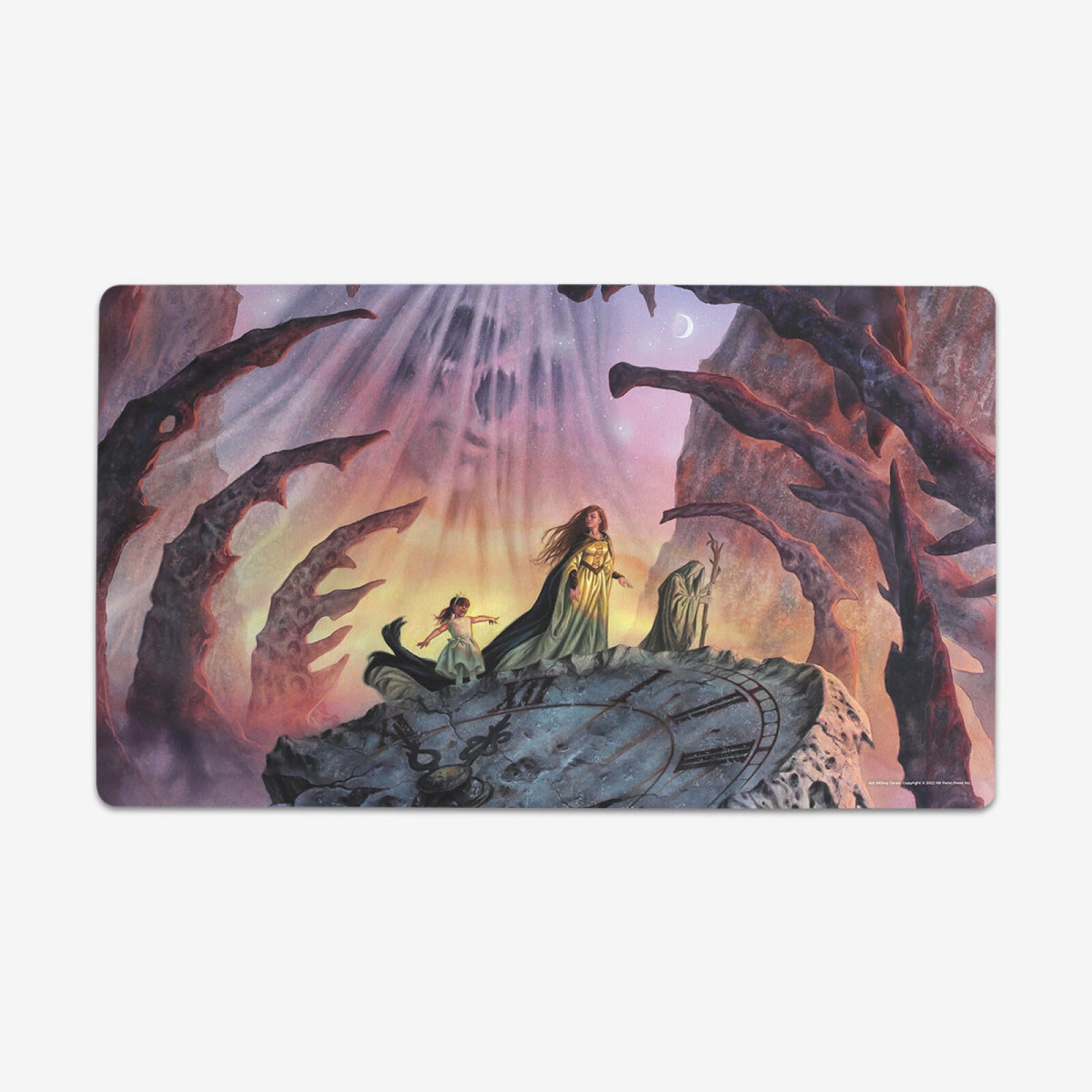 A woman, girl, and robed figure on a giant broken clock face. A spectral face looms in the twilight sky, surrounded by gnarled rocks