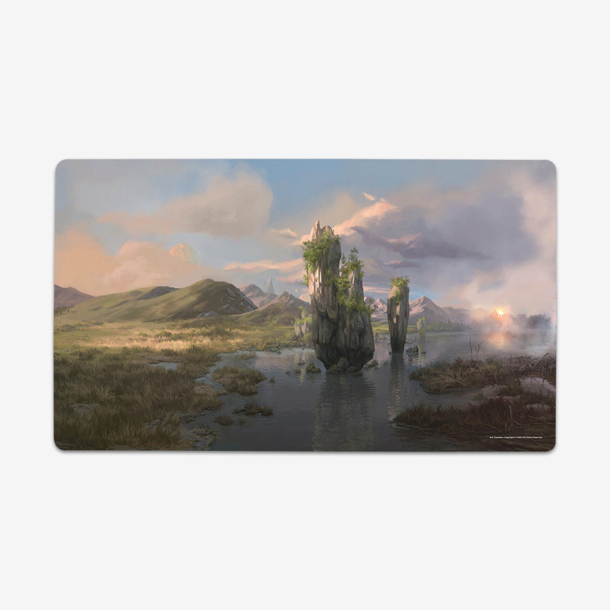 Fantasy playmat art: Jagged, green-topped rock formations rise from a misty lake in a marshy landscape with mountains and sunset