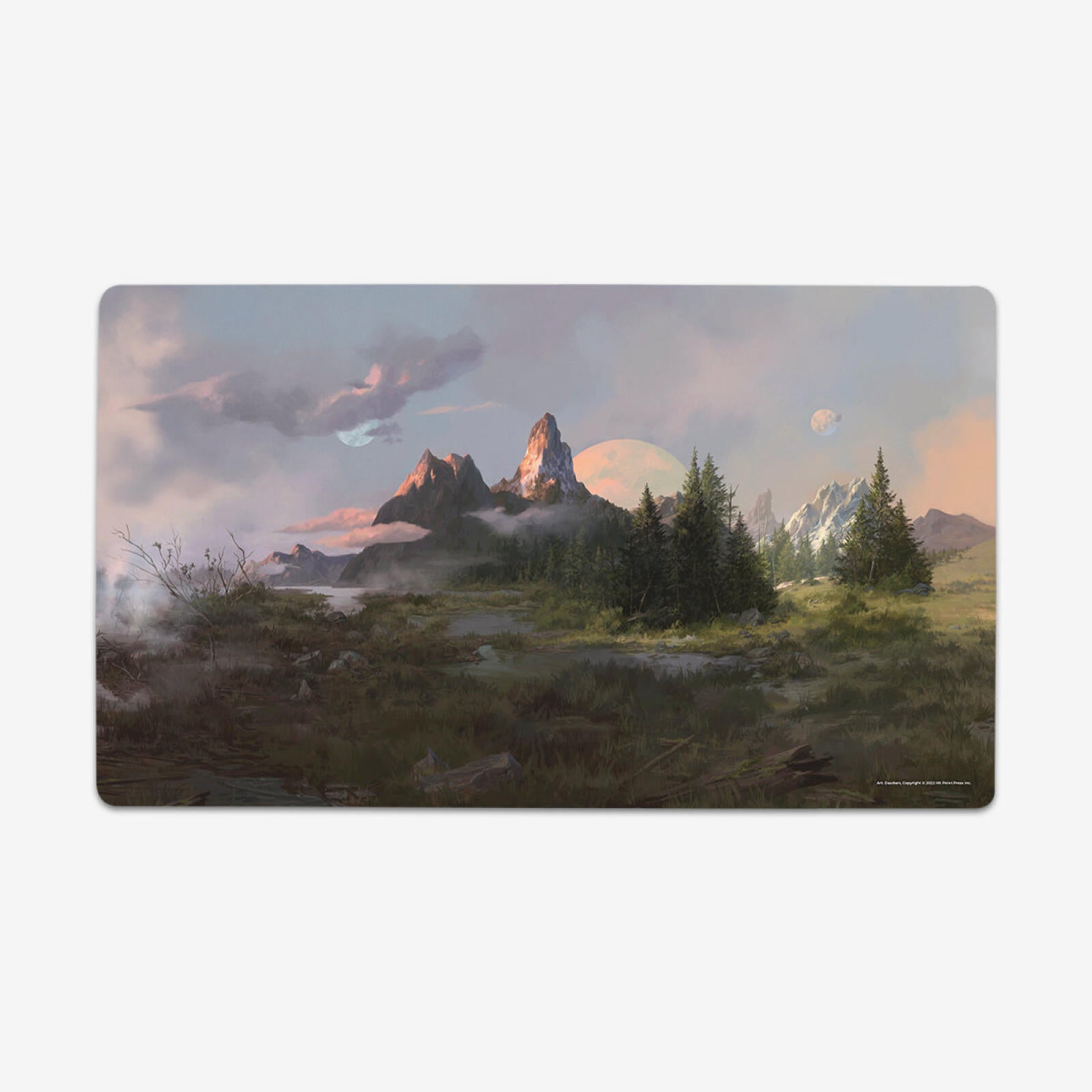 A serene fantasy landscape with towering mountains, pine forests, misty wetlands, and two large moons in a colorful, twilight sky