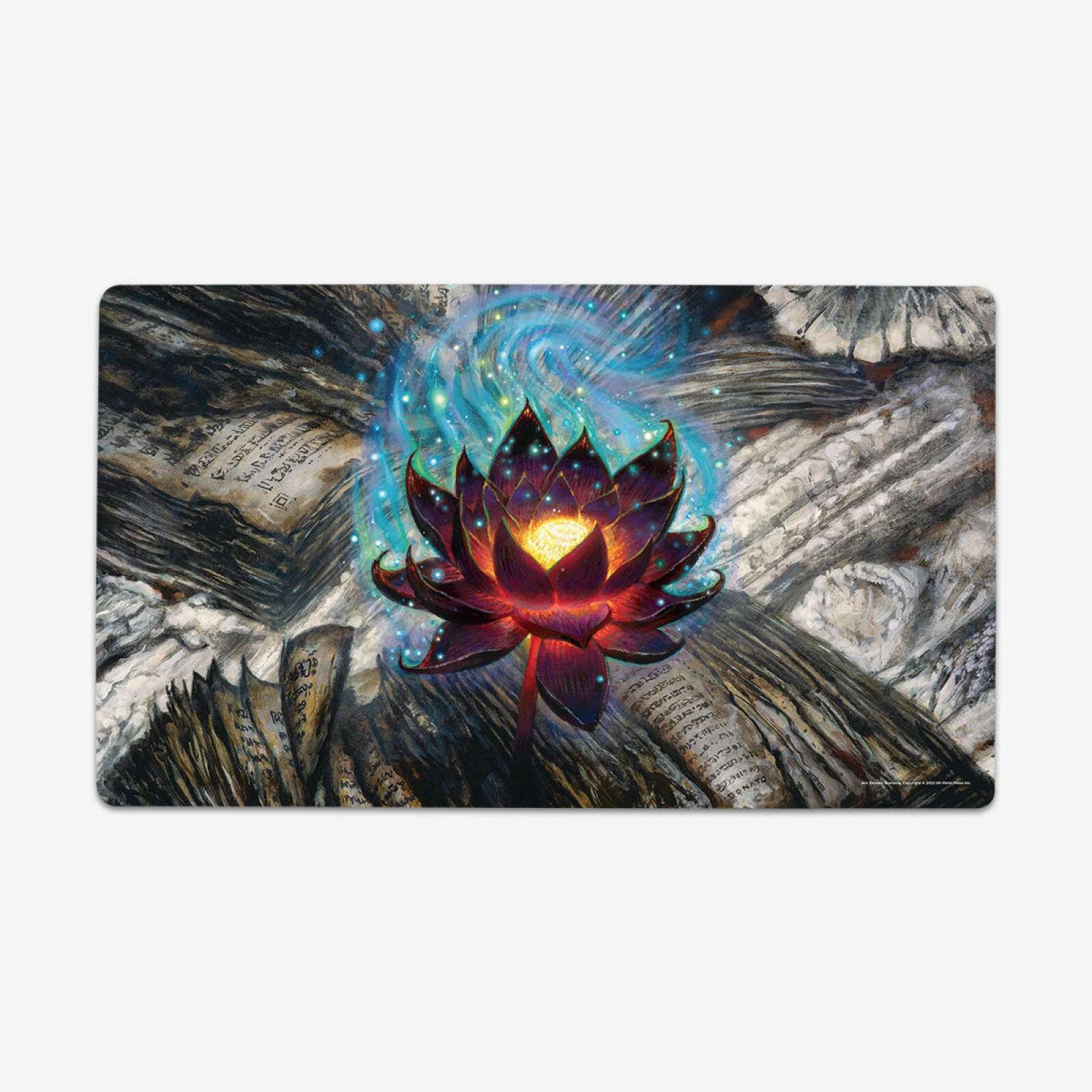 Red-purple lotus with bright yellow core radiating blue energy, amidst ancient scrolls