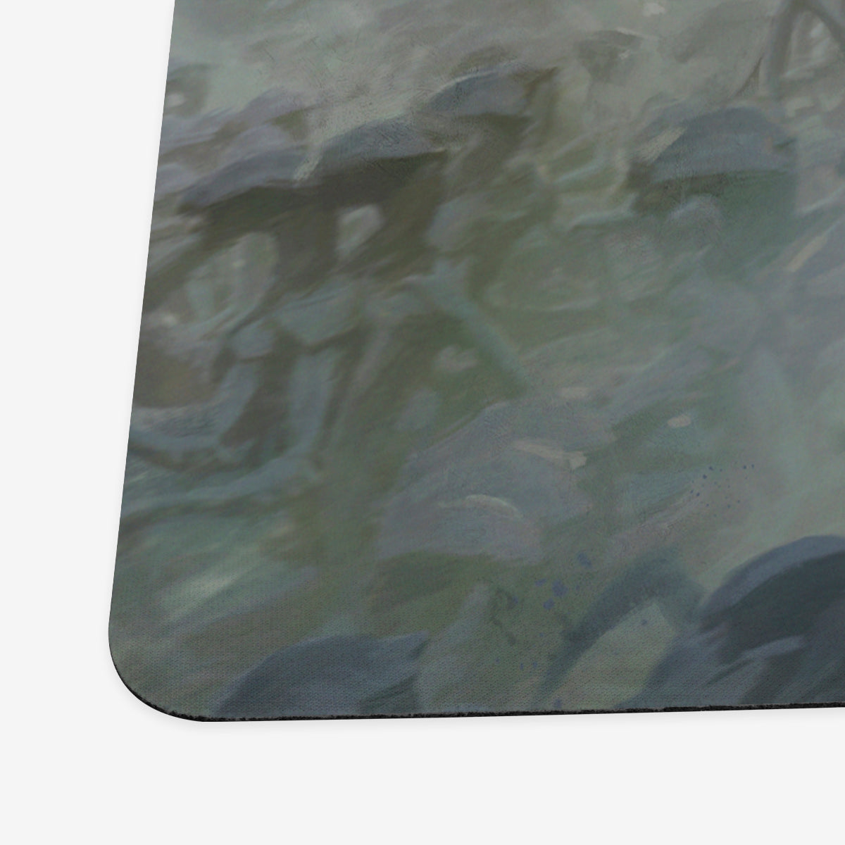 Close view of the Skittering Swarm playmat displaying its blurry, dark artwork with green and blue tones, revealing the dense cloth texture and finished rounded corner