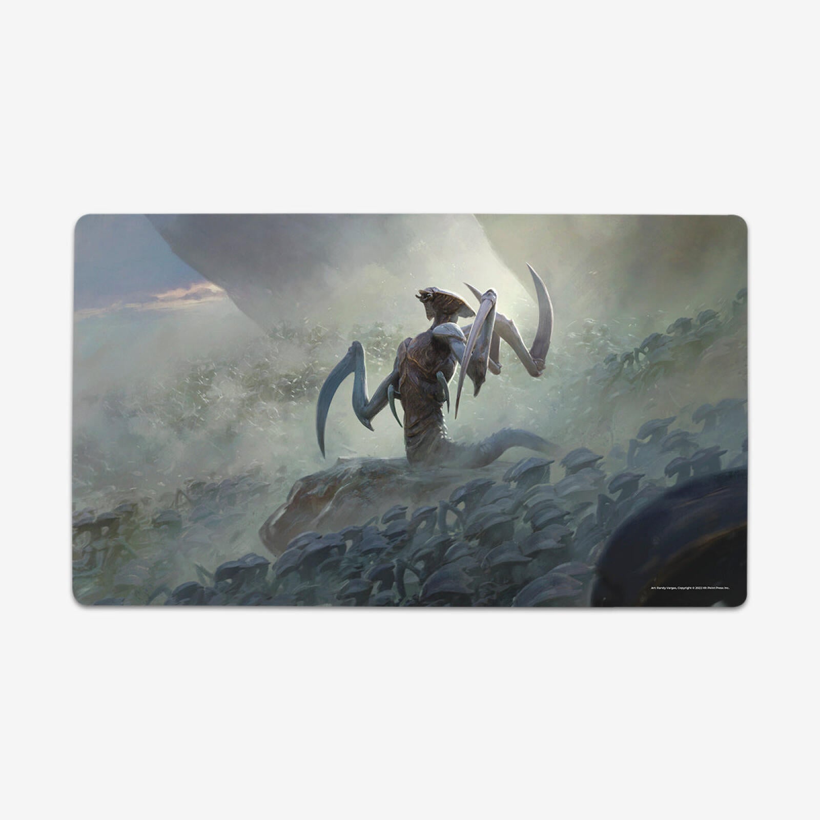 A large mantis-like creature with blade-arms overlooks a vast swarm of smaller insectoids in a misty landscape