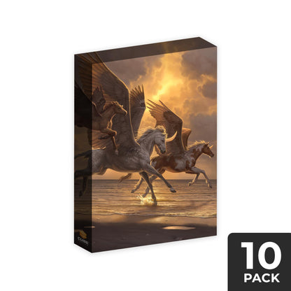 Four winged horses, including a white unicorn, gallop through golden sunset ocean water