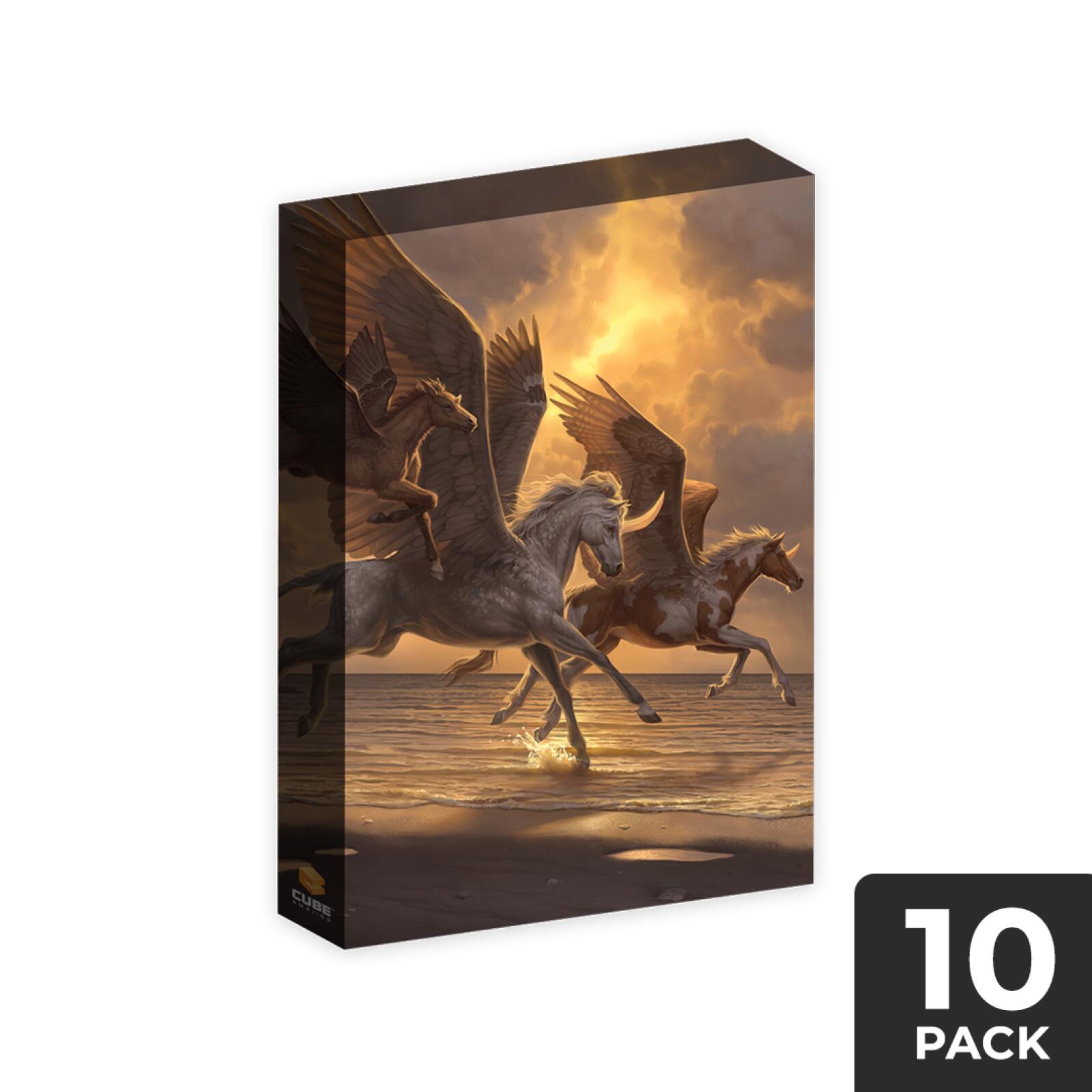 Four winged horses, including a white unicorn, gallop through golden sunset ocean water