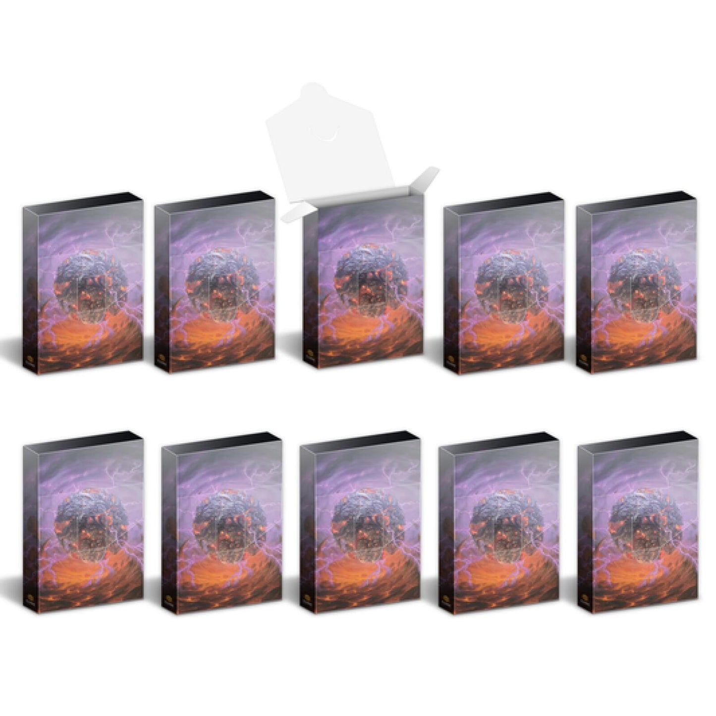 Ten boxes with a dark sphere, orange glow, purple lightning, and orange energy design; one box is open