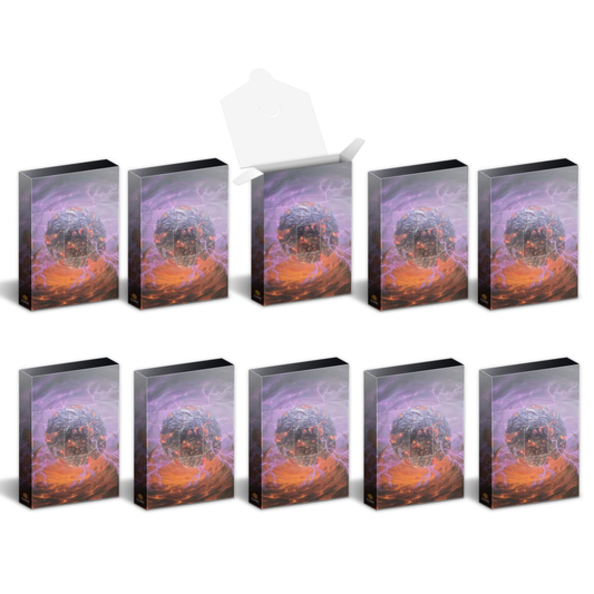 Ten boxes with a dark sphere, orange glow, purple lightning, and orange energy design; one box is open
