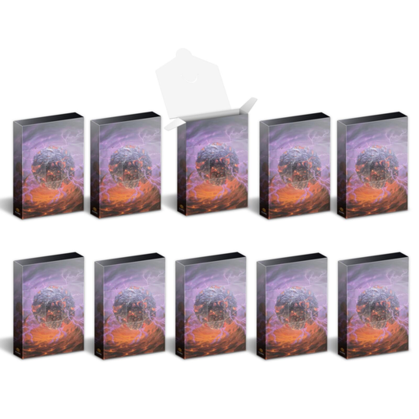 Ten boxes with a dark sphere, orange glow, purple lightning, and orange energy design; one box is open