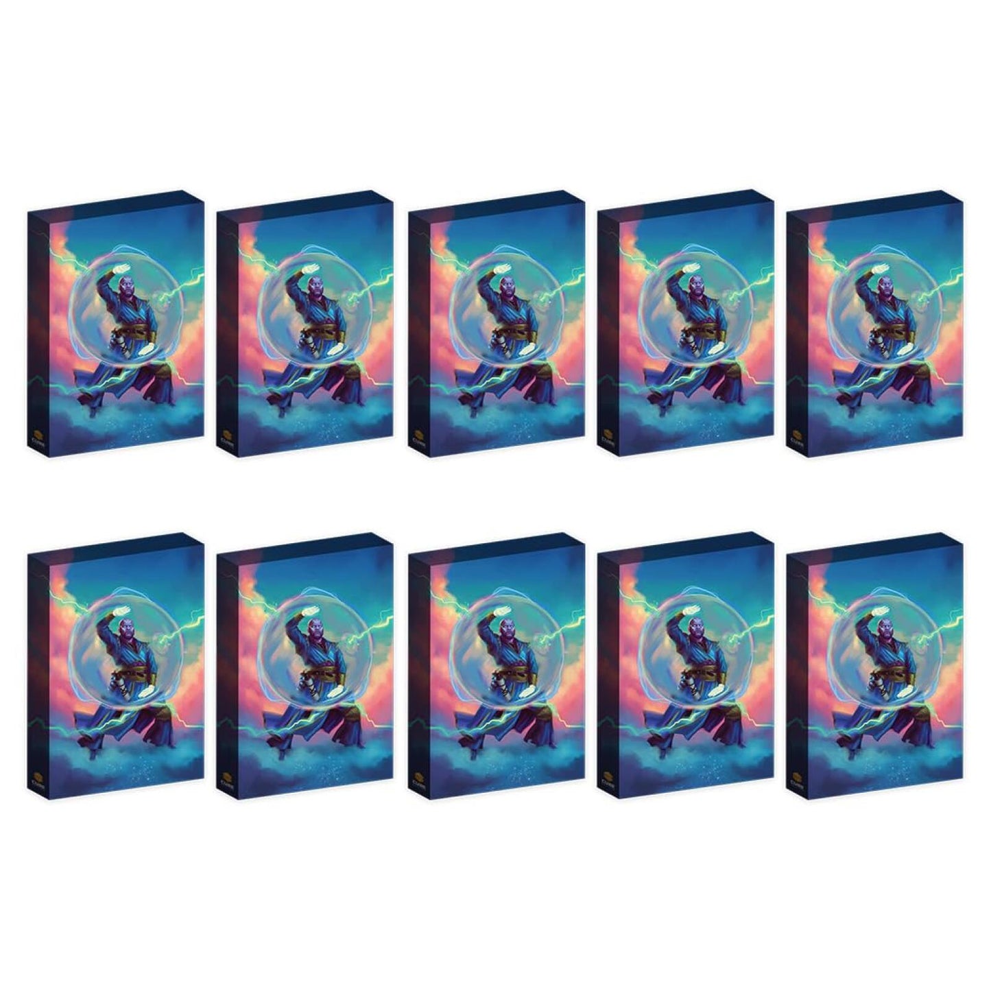 Ten identical boxes, each showing a purple-skinned figure in a bubble with lightning against a colorful background