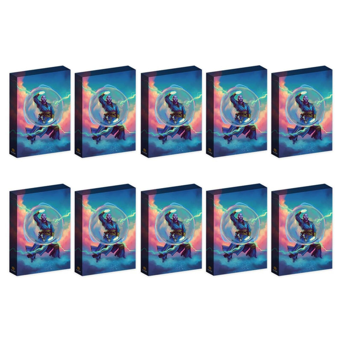 Ten identical boxes, each showing a purple-skinned figure in a bubble with lightning against a colorful background