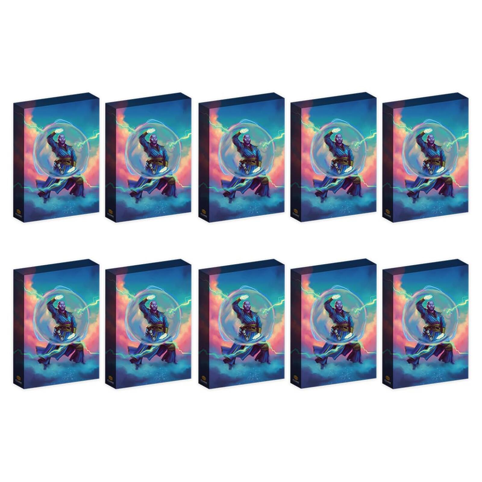 Ten identical boxes, each showing a purple-skinned figure in a bubble with lightning against a colorful background