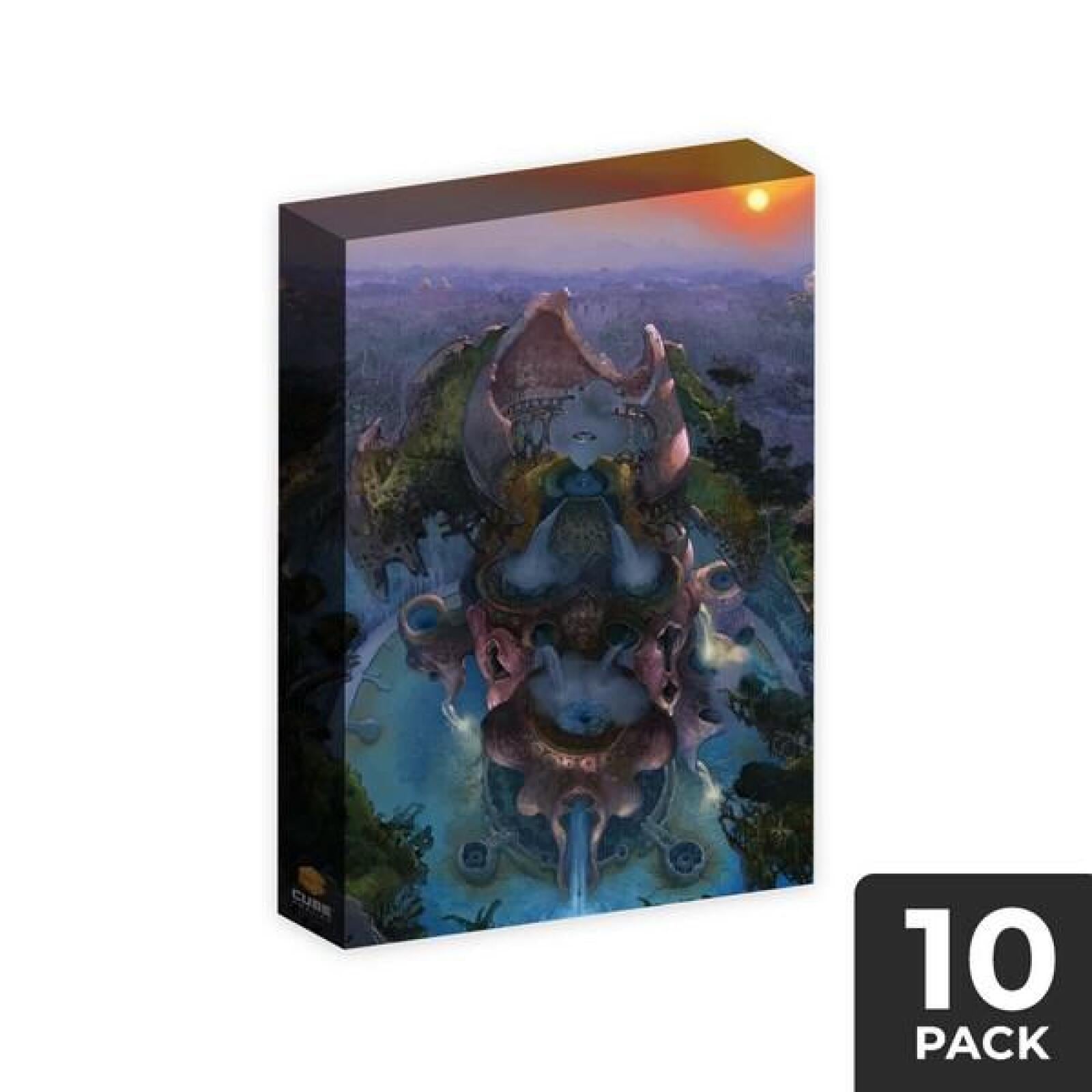 Product packaging displays ornate jungle temple artwork with flowing water under a vibrant sunset