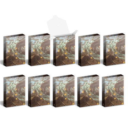 Nine closed and one open box, all featuring art of a chained ghost holding glowing lanterns