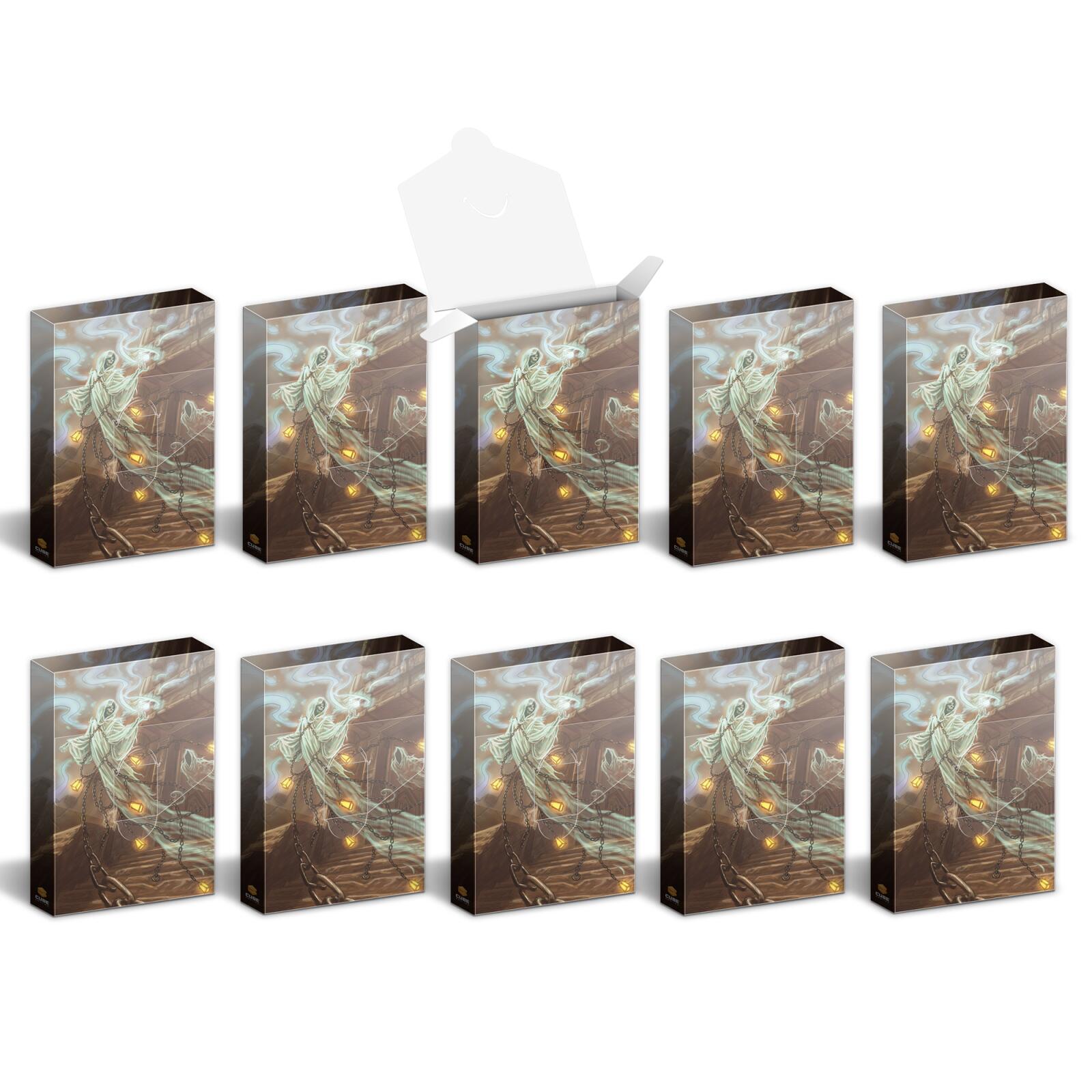 Nine closed and one open box, all featuring art of a chained ghost holding glowing lanterns