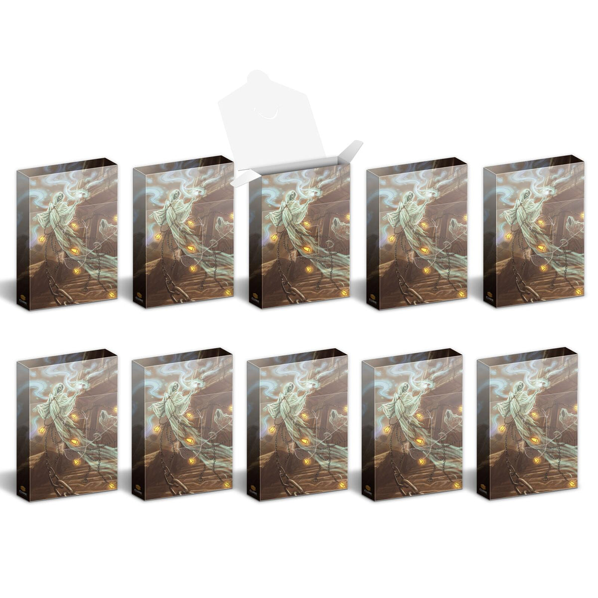 Ten product boxes depicting a white, chained ghost with lanterns