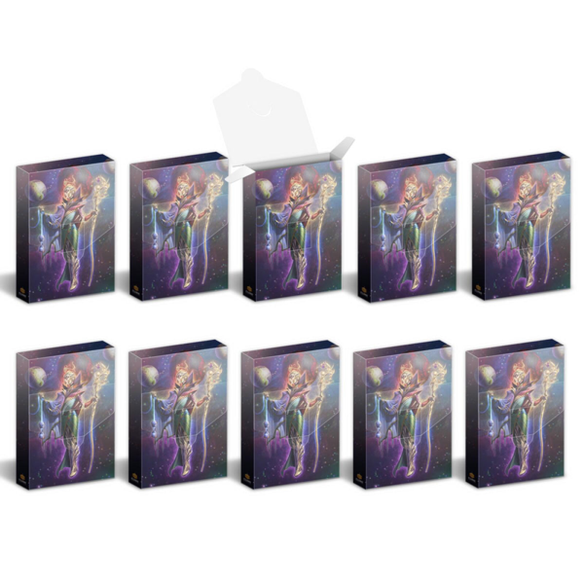 Ten fantasy card game boxes featuring a wizard and cosmic scene, one box in the top row is open