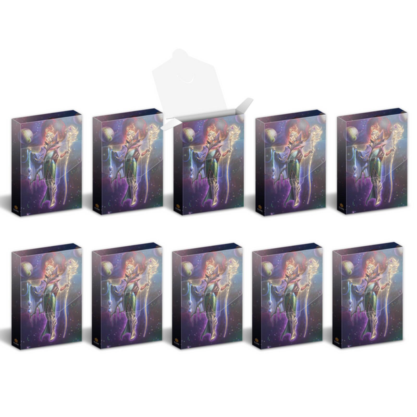 Ten fantasy card game boxes featuring a wizard and cosmic scene, one box in the top row is open