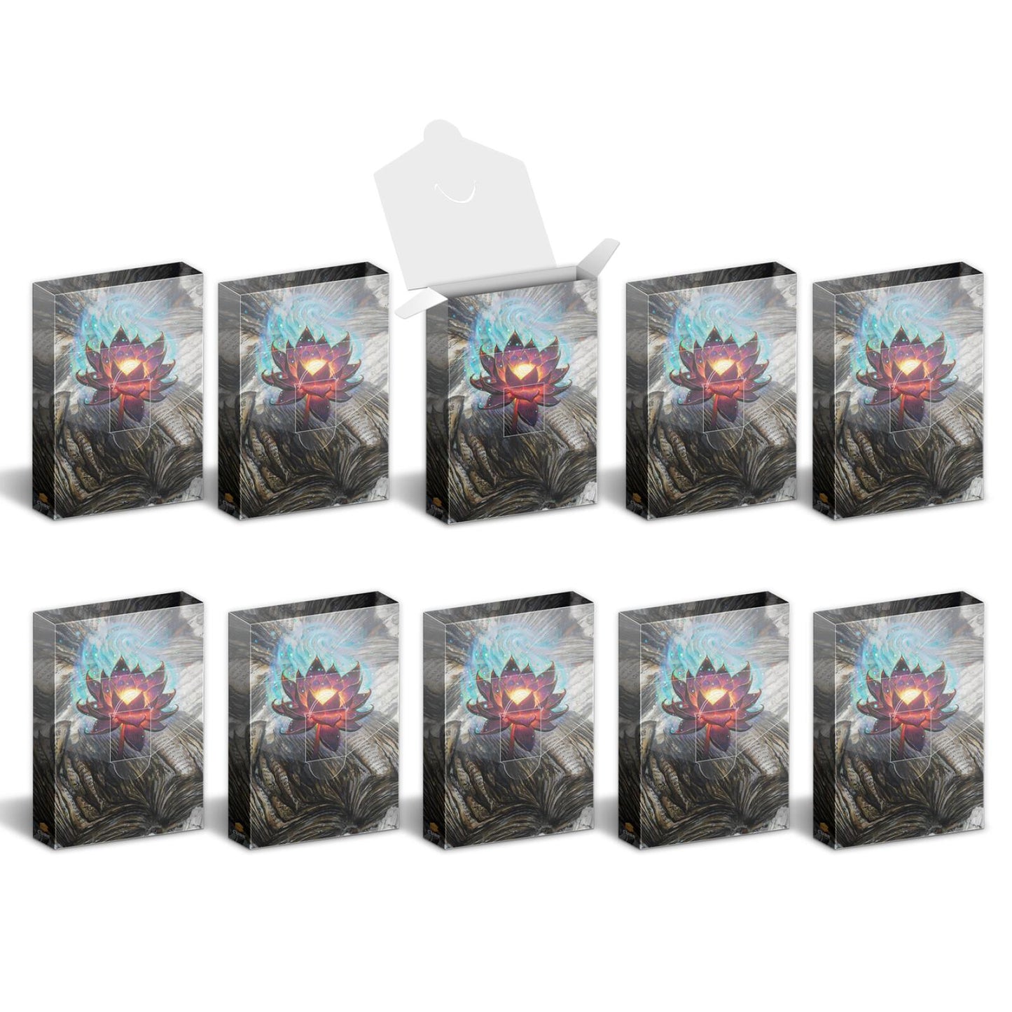 Nine sealed and one open box, all featuring a glowing lotus on open books with swirling blue energy