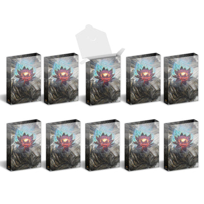 Nine sealed and one open box, all featuring a glowing lotus on open books with swirling blue energy