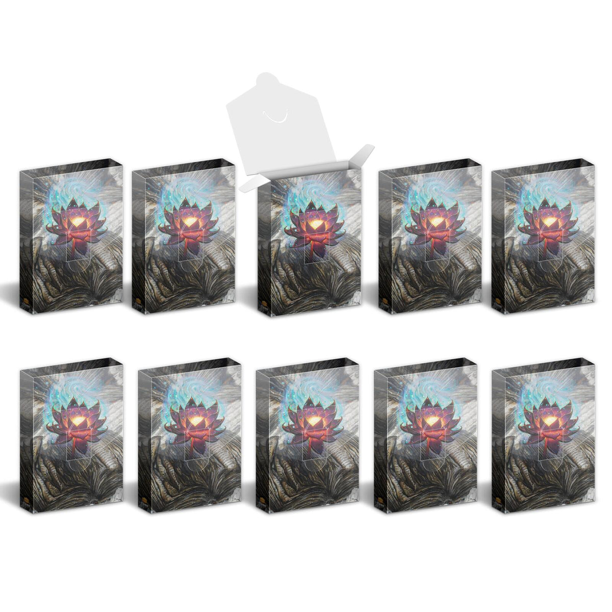 Nine sealed and one open box, all featuring a glowing lotus on open books with swirling blue energy