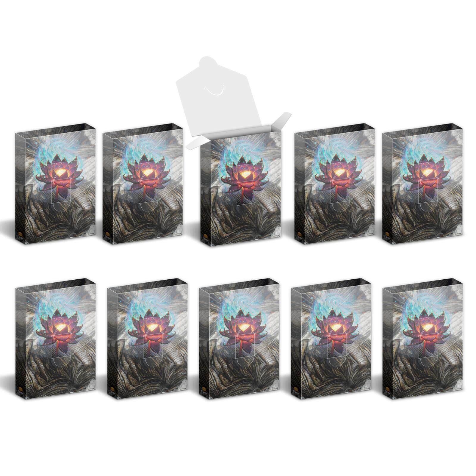 Nine sealed and one open box, all featuring a glowing lotus on open books with swirling blue energy