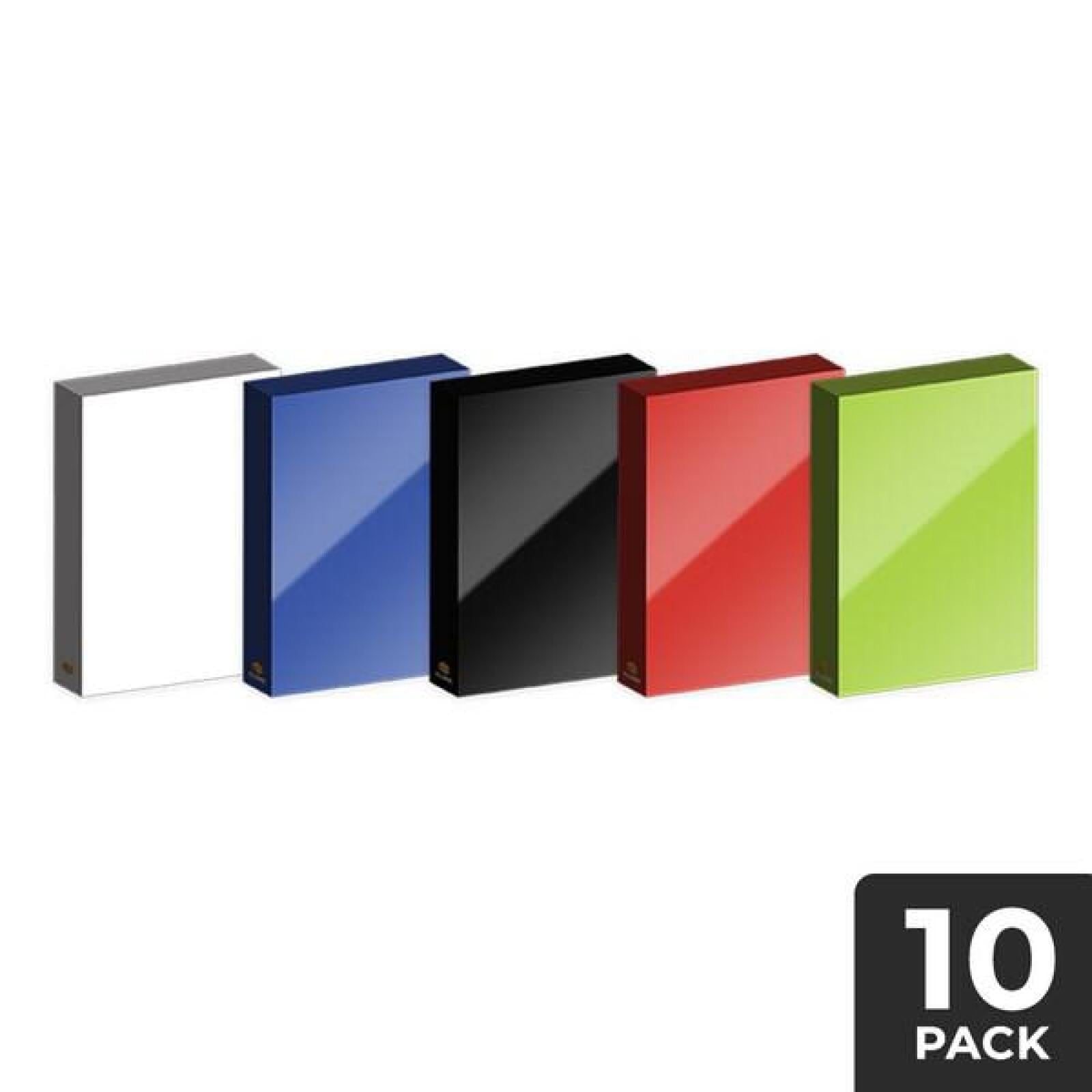 The 10-pack of glossy binders in assorted colors: white, blue, black, red, and green