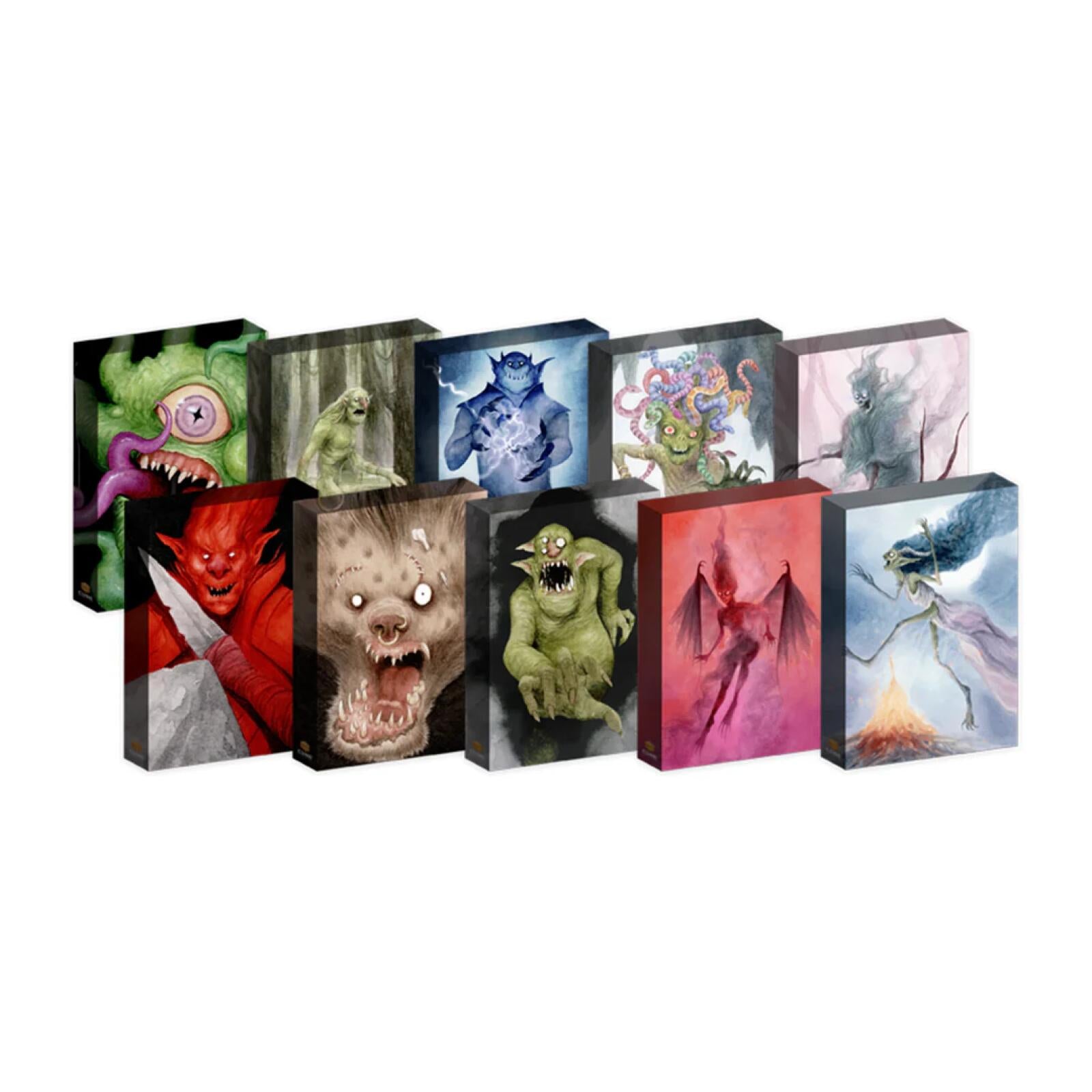 Ten book covers featuring colorful illustrations of various fantasy and horror creatures