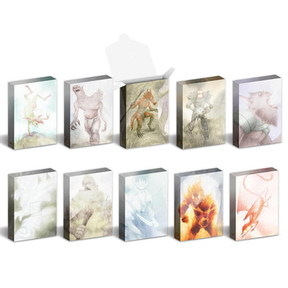 Ten fantasy creature card deck boxes with diverse monster art, one box open