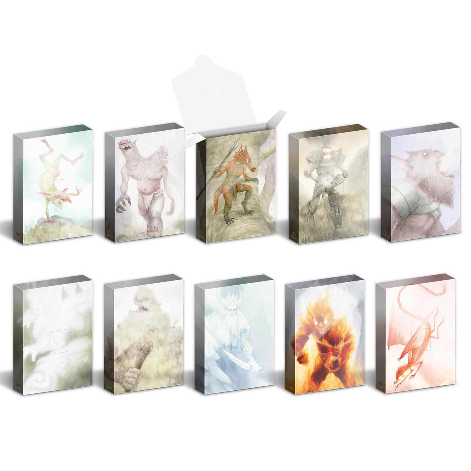 Ten fantasy creature card deck boxes with diverse monster art, one box open