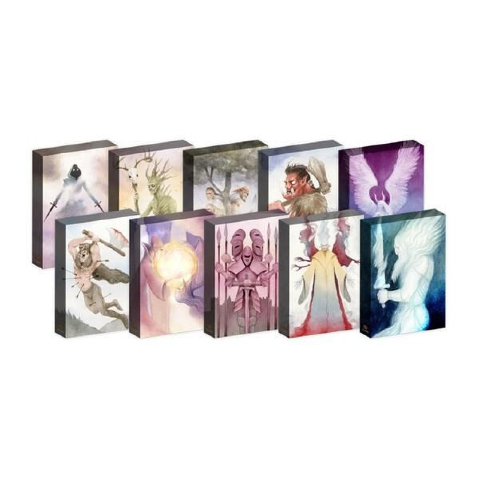 Ten rectangular boxes showcasing unique fantasy art, including warriors, mythical creatures, and magic