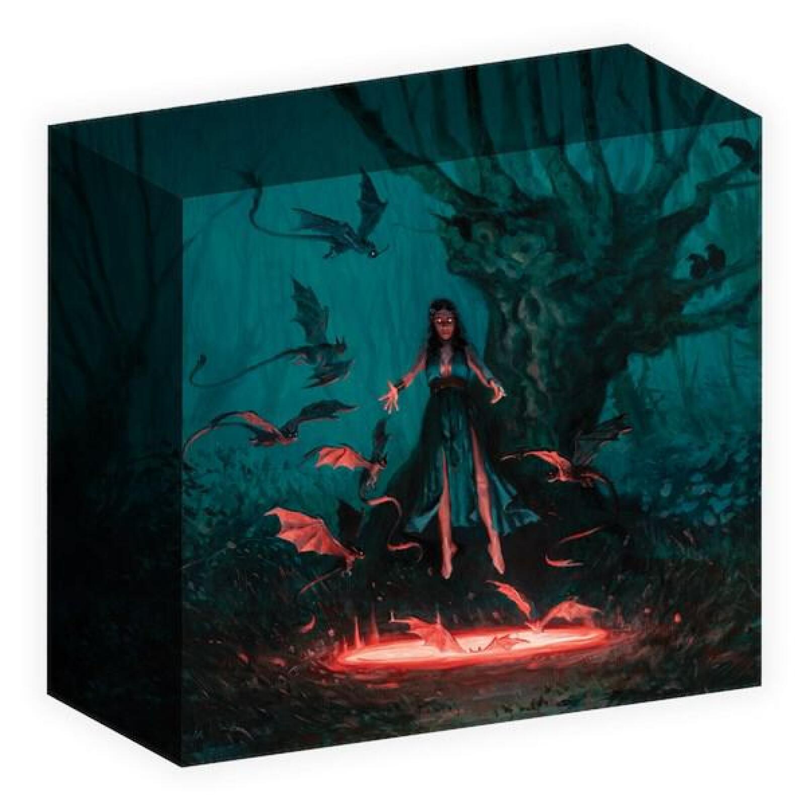 A levitating sorceress with glowing eyes conjures small dragons over a red portal in a dark forest