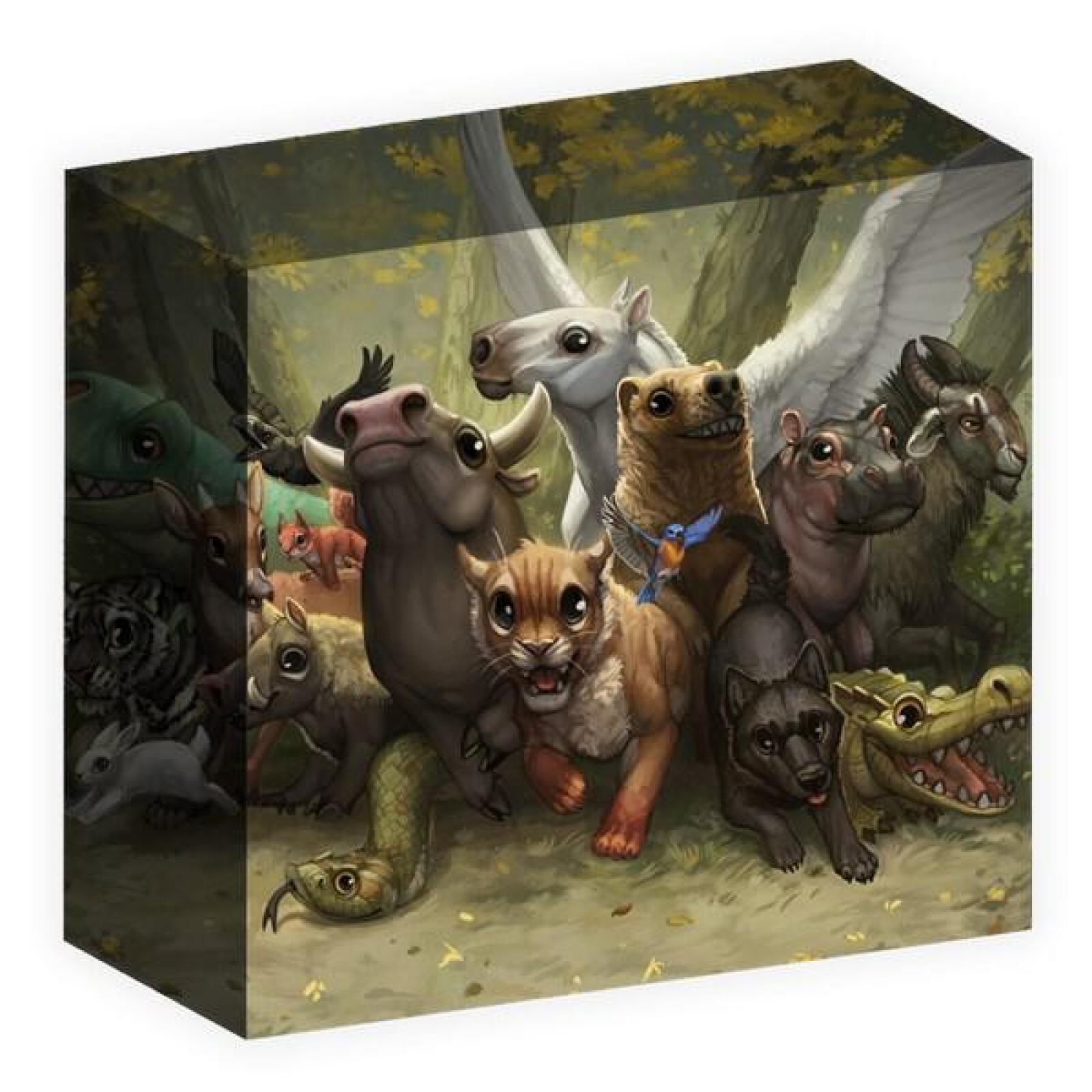 Diverse cartoon animals including a pegasus, tiger, bear, and alligator, gathered happily in a lush forest