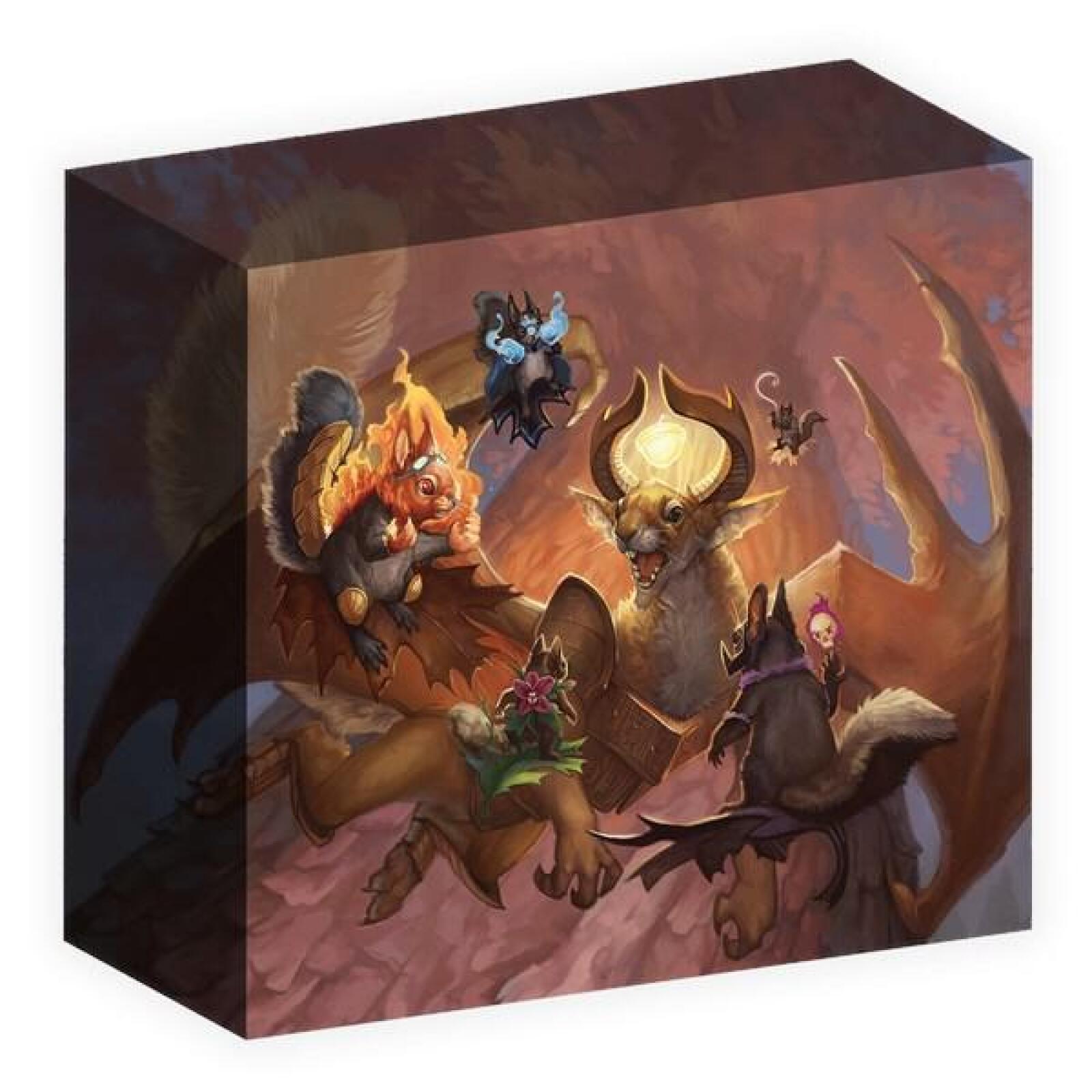 Fantasy art: A glowing-horned creature, fiery squirrel, and other magical animals gathered around an open book