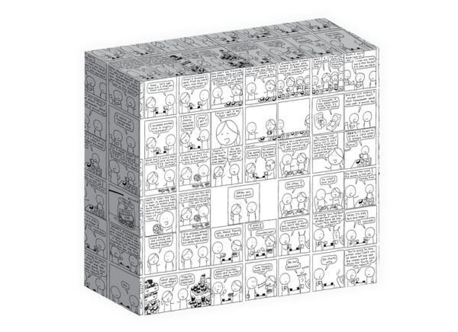 A 3D box covered in a grid of black and white stick figure comic panels