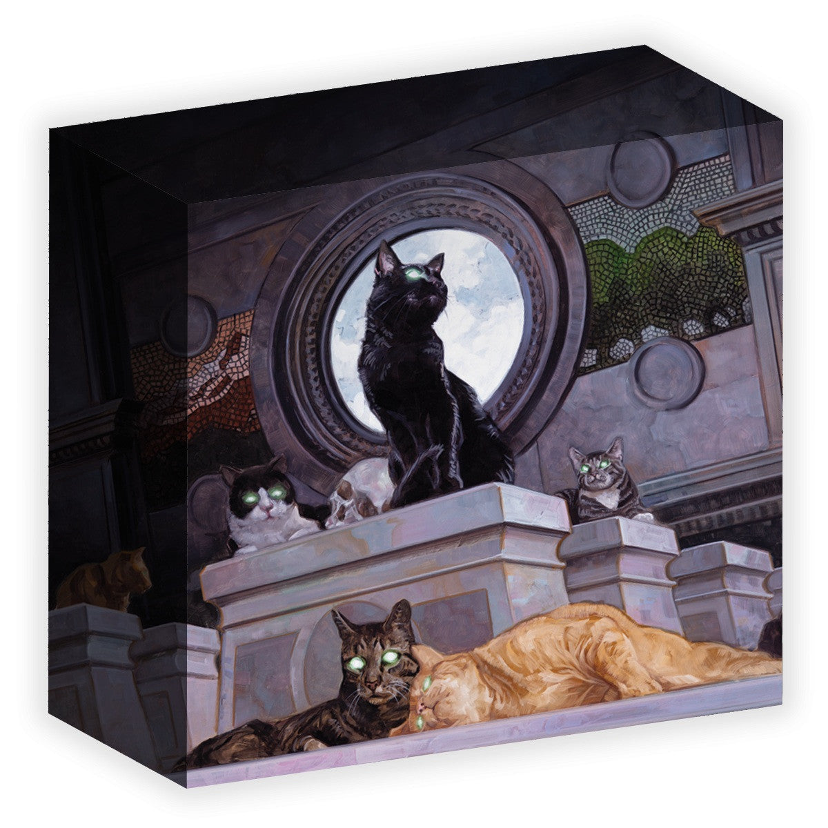 A prominent black cat with glowing green eyes sits on a pedestal, surrounded by other cats, in a dark room with a round window