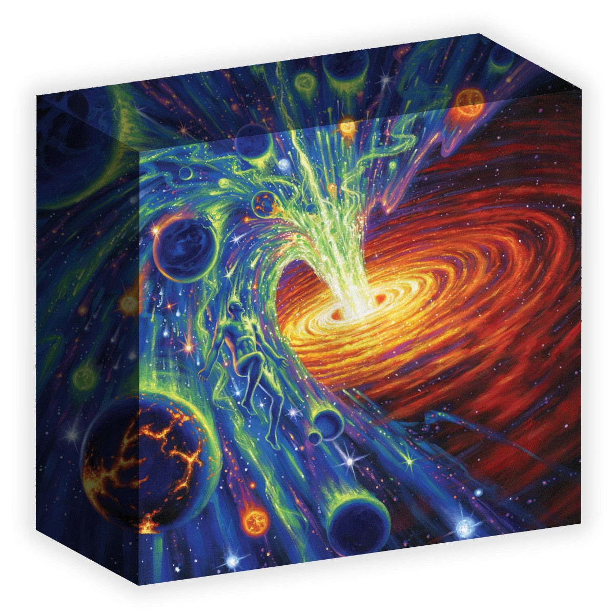 Vibrant cosmic art: glowing human figure floats in a swirling green energy stream near a bright orange galaxy