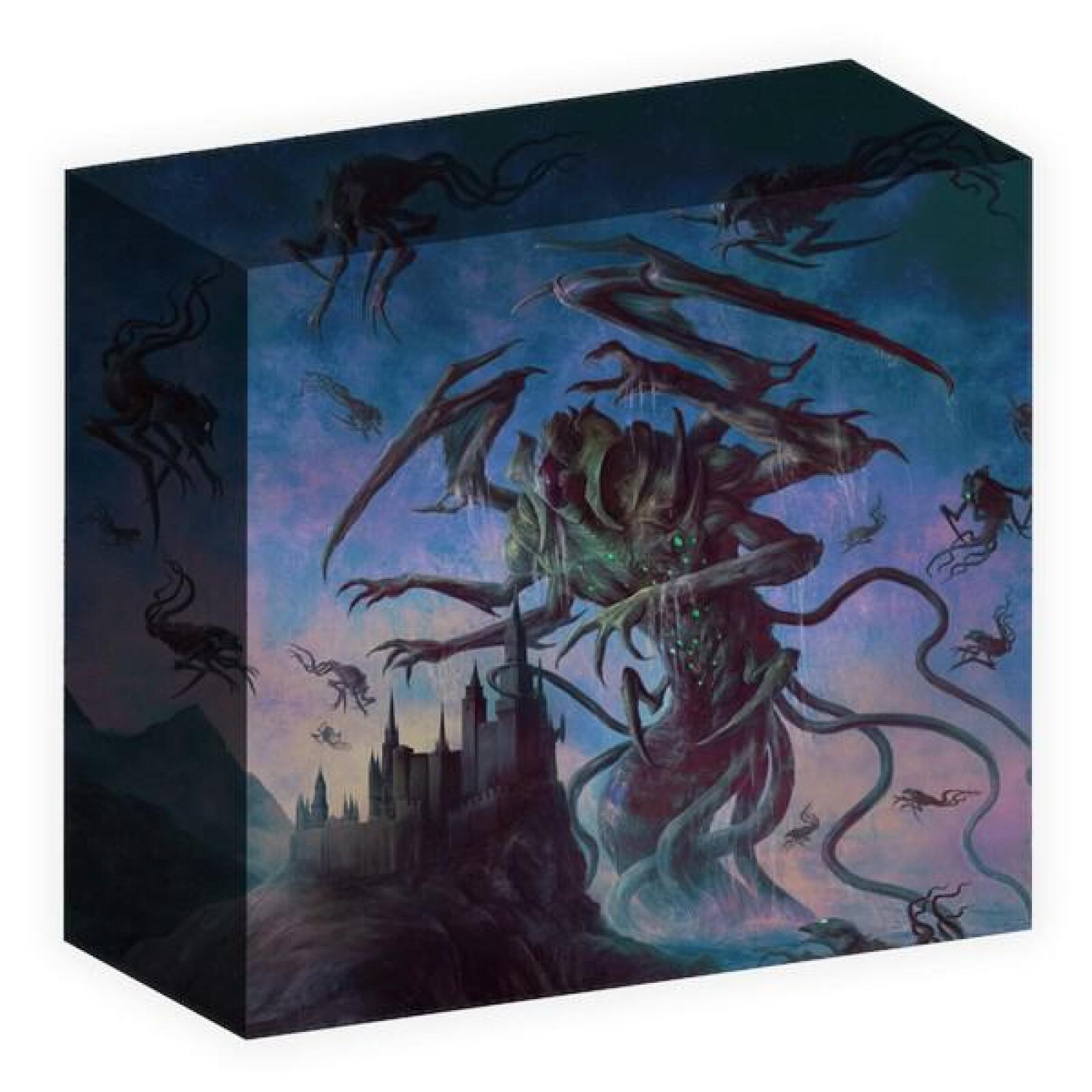 A colossal, winged eldritch monster with many tentacles towers over a dark castle, surrounded by smaller flying creatures