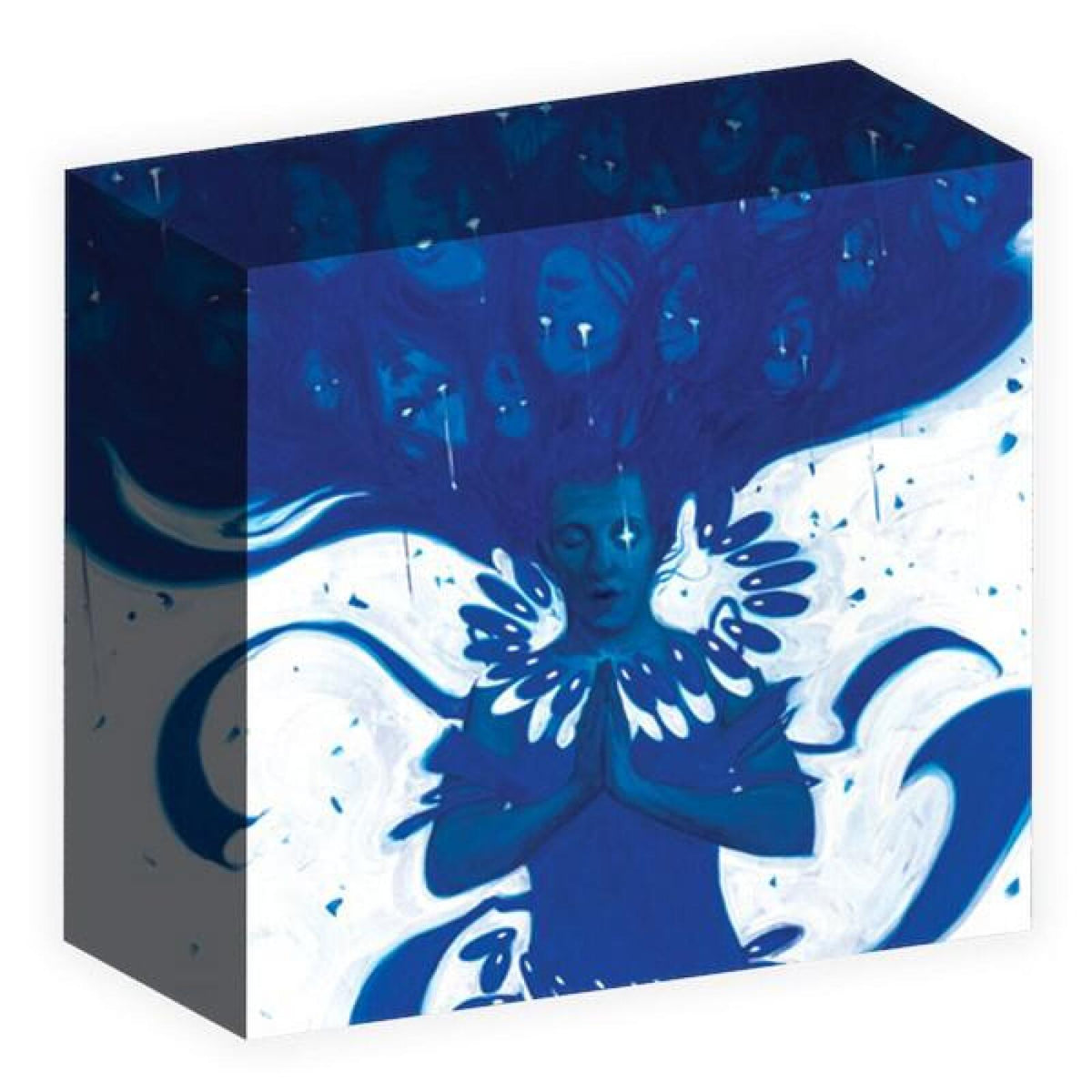 Blue figure with hands clasped in prayer, surrounded by white swirls, with many faint faces in dark blue hair