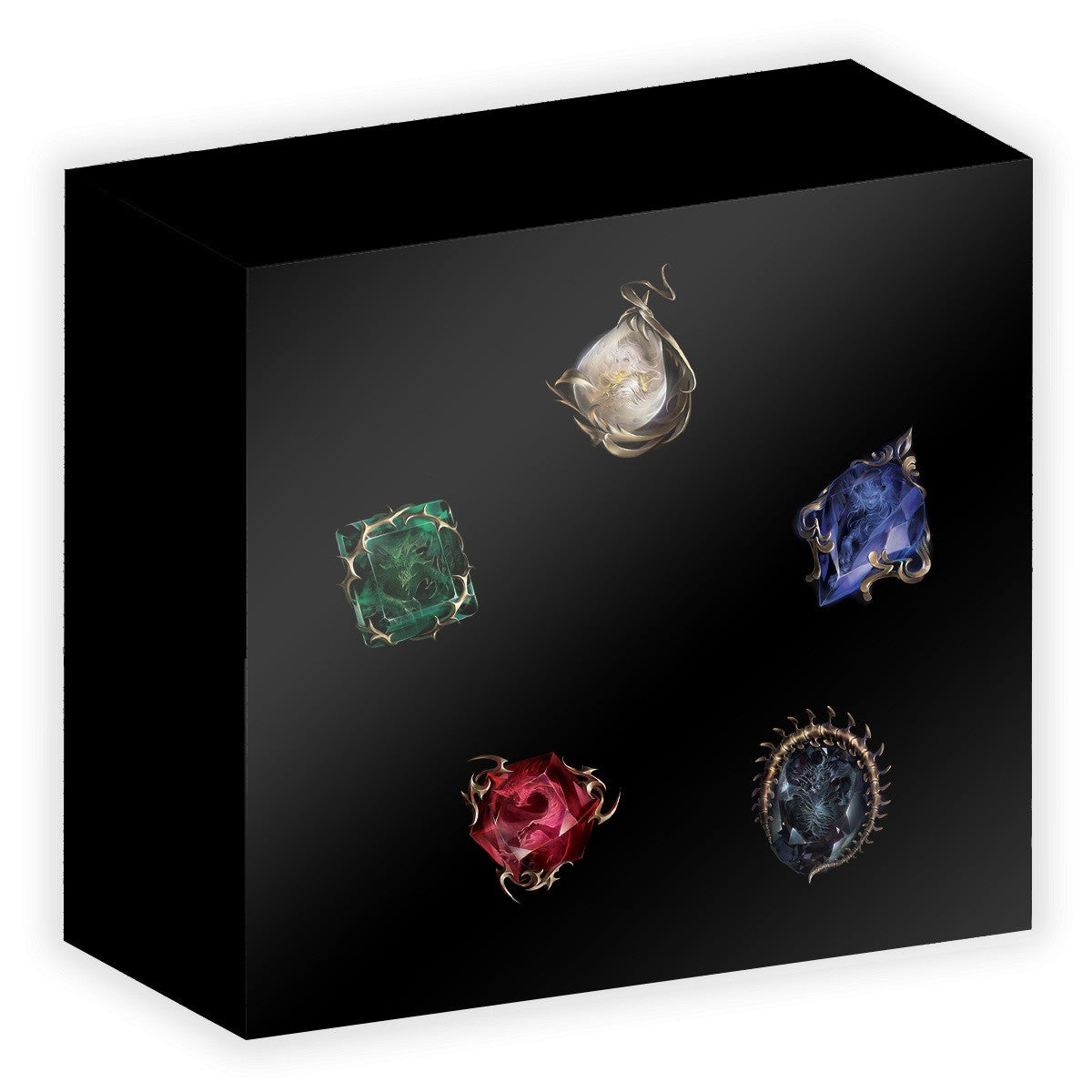 Five ornate fantasy gems (white, green, blue, red, dark blue-purple) with gold settings, on a black display surface