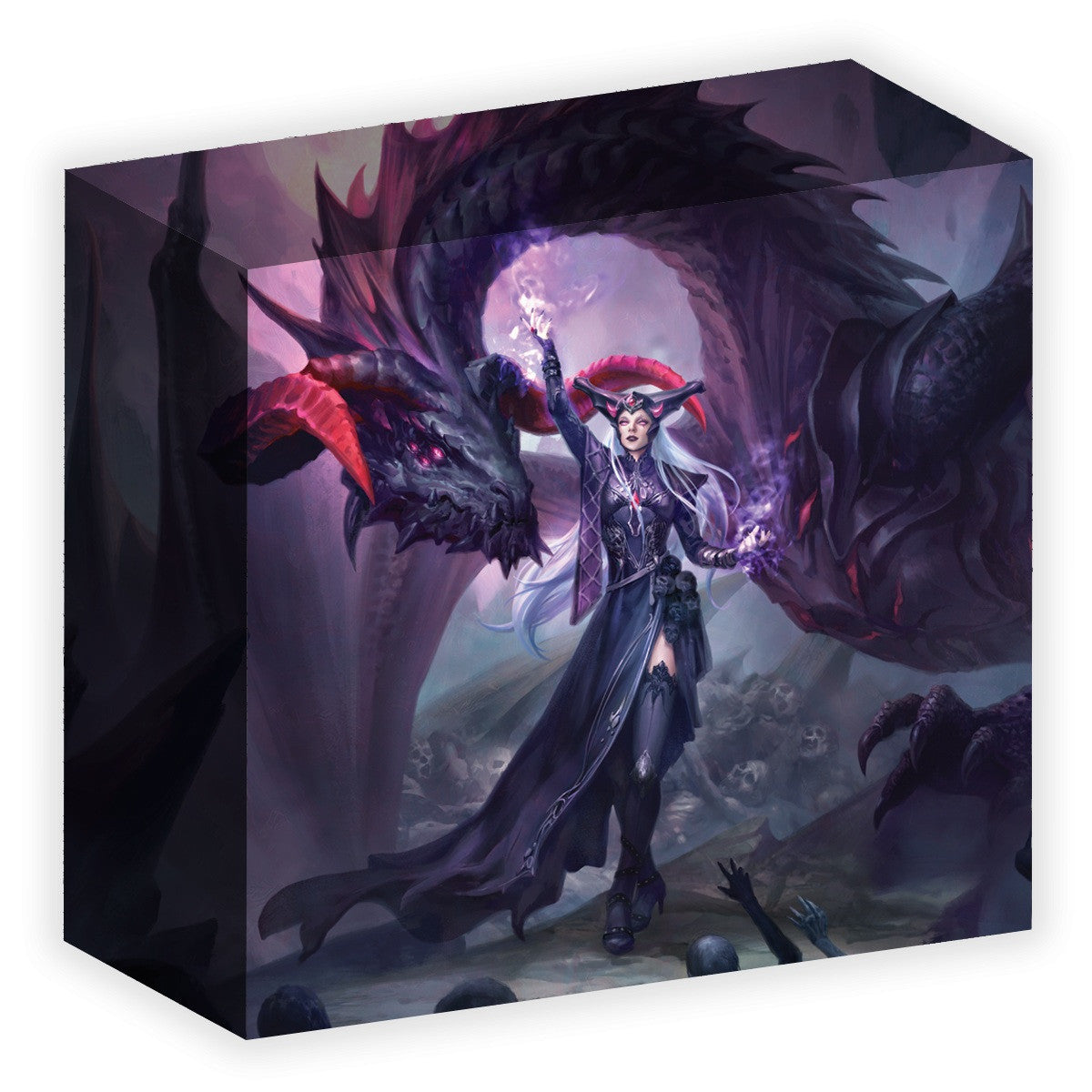 A white-haired sorceress in a dark horned outfit casts purple magic, backed by a large dark dragon and skeletal hands