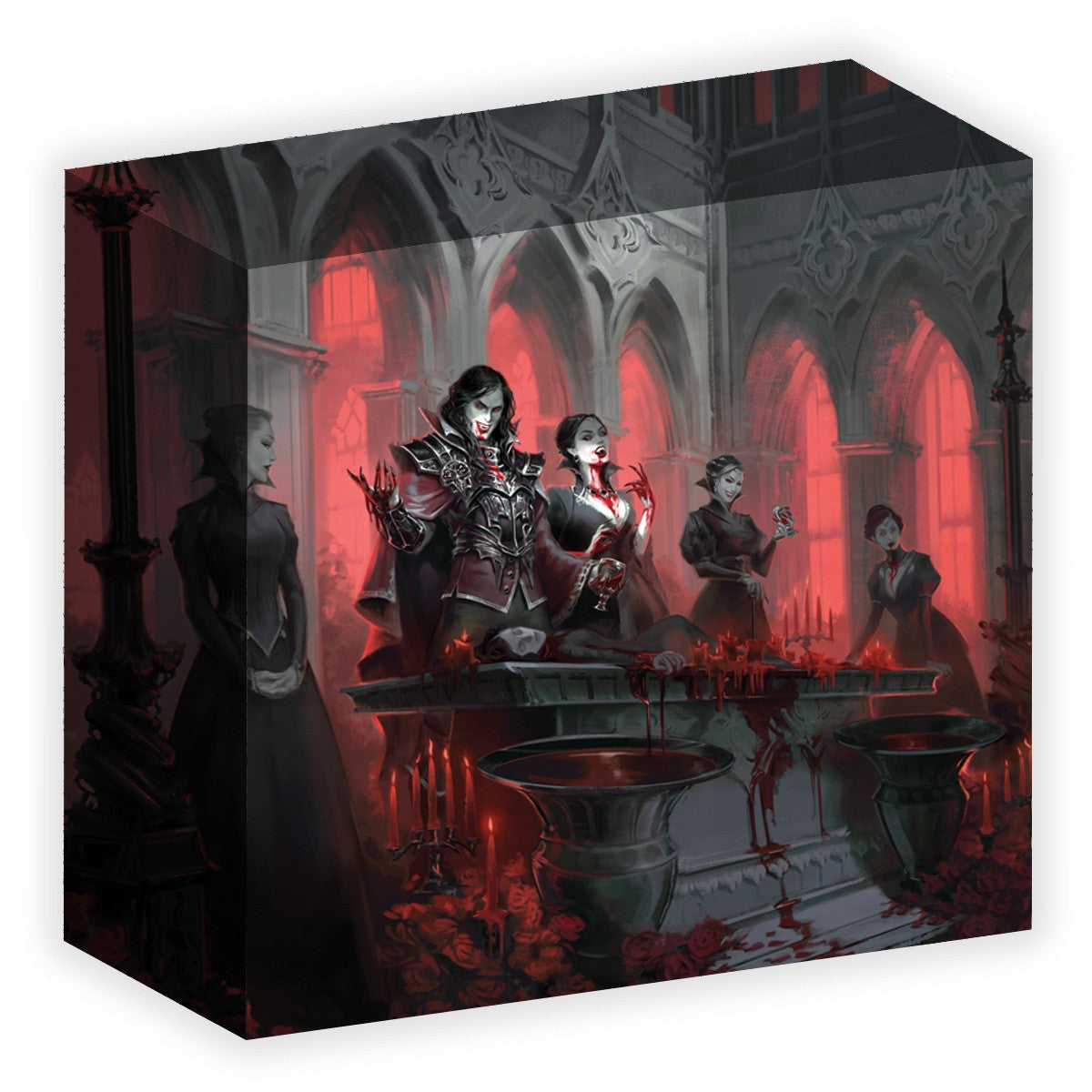 Gothic vampires perform a blood ritual in a red-lit church. A male vampire leads the ceremony over a bloody altar