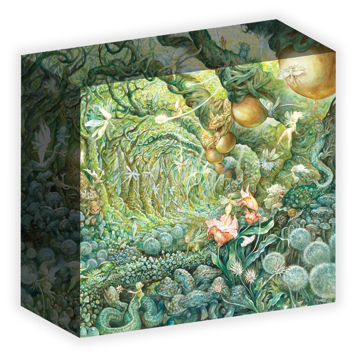 A vibrant, detailed fantasy painting of a magical green forest bustling with fairies, tiny dragons, and glowing flora